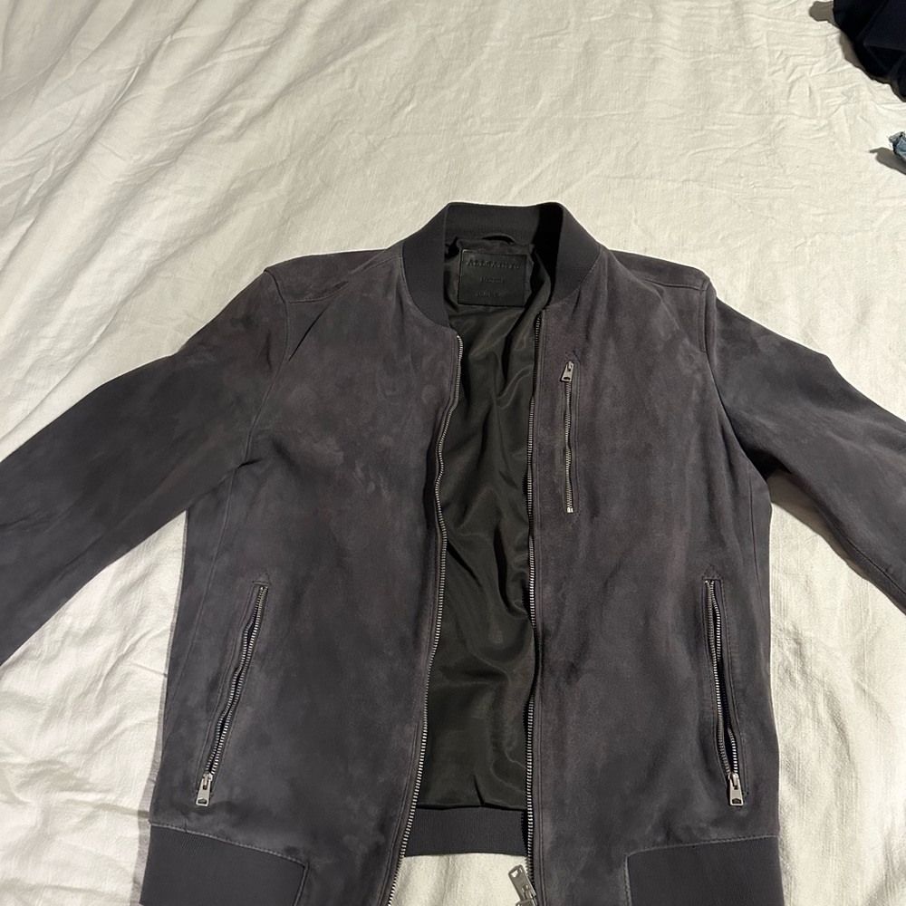 AllSaints men’s grey suede bomber jacket